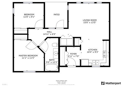 Floor plan for 2 beds, 1 bath, 832 sqft